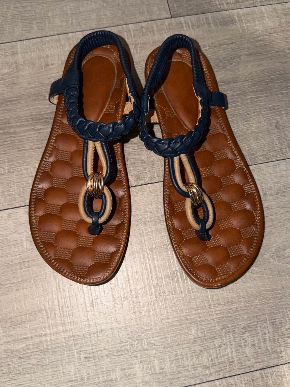 Braided T‑Strap Sandals in Navy and Brown